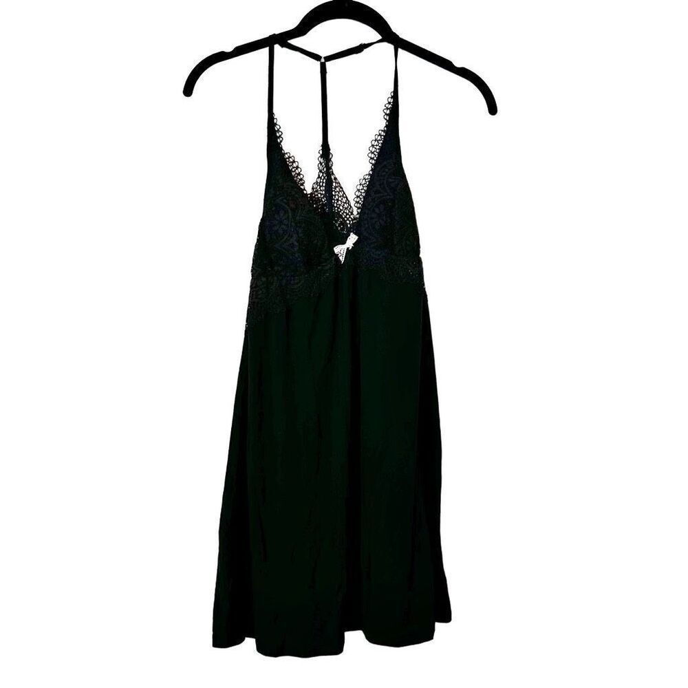 Vintage Victoria's Secret Halter Y-Back Lace Trim Mini Chemise Slip Dress Black